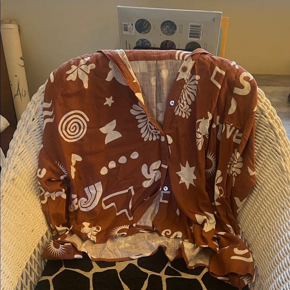 Rust Graphic Button-Up Shirt Palazzo Pant Set